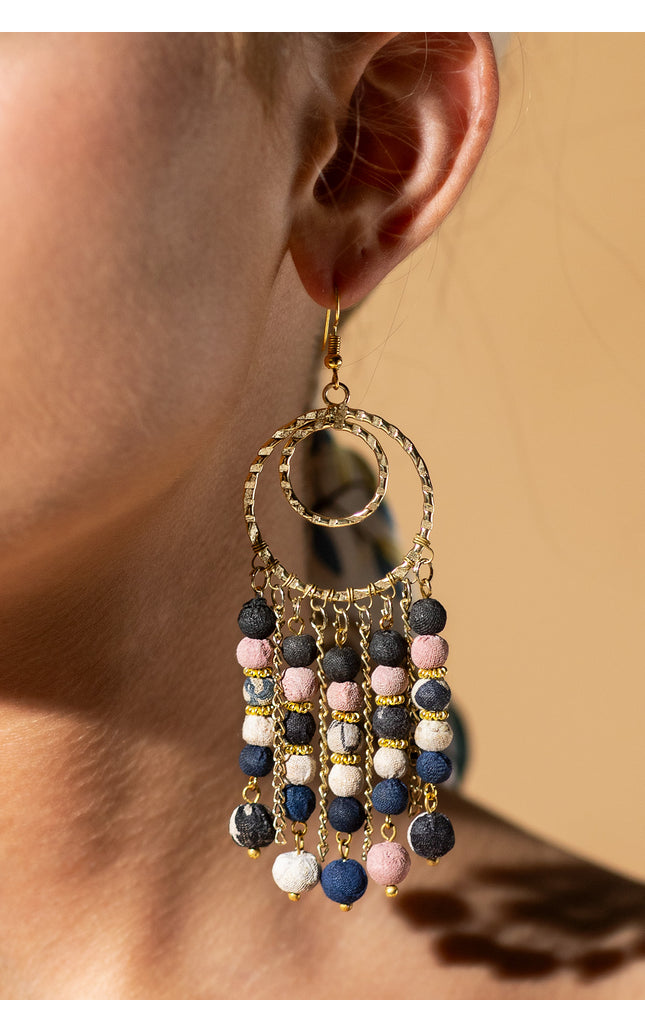 Fabric Beads Tassel Dangle Earrings