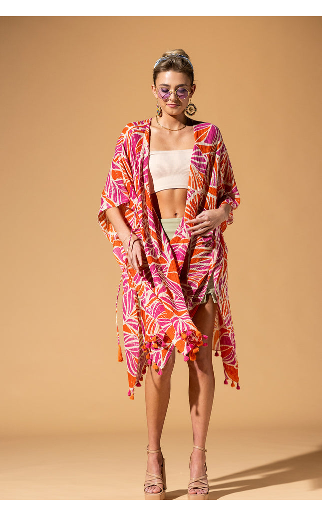 Citrus Palm Pom-Pom Kimono