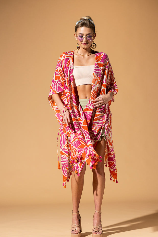 Citrus Palm Pom-Pom Kimono