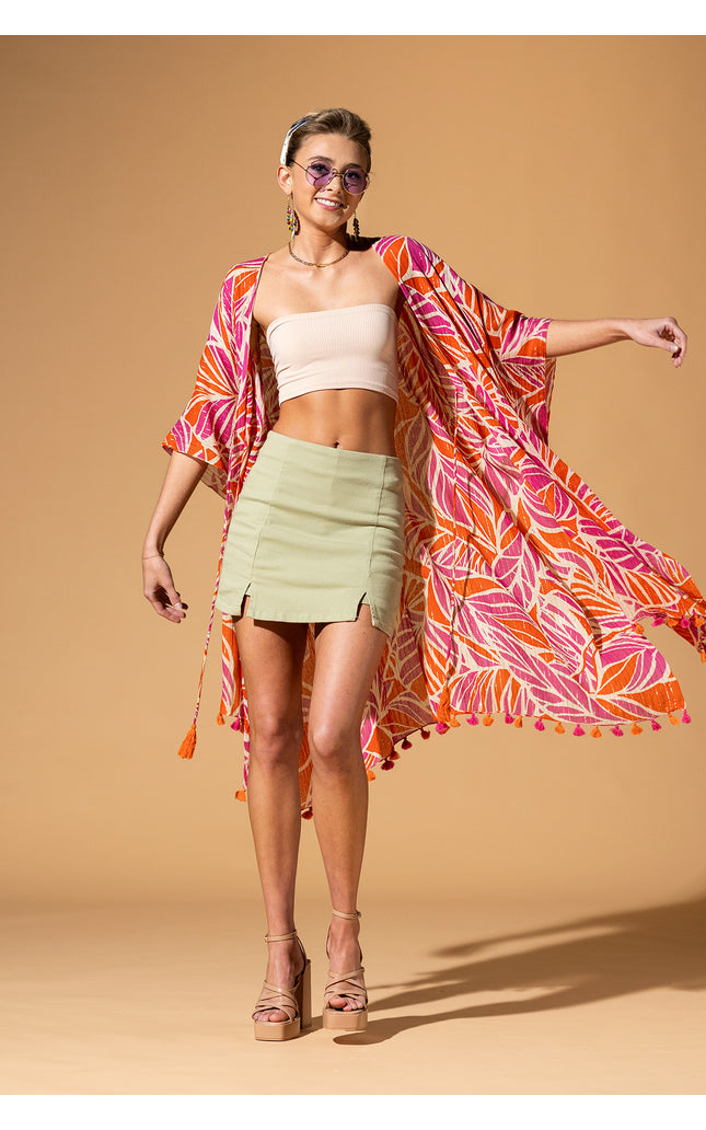 Citrus Palm Pom-Pom Kimono