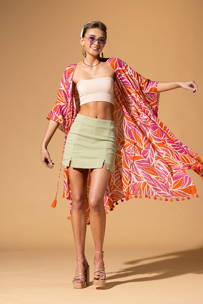 Citrus Palm Pom-Pom Kimono