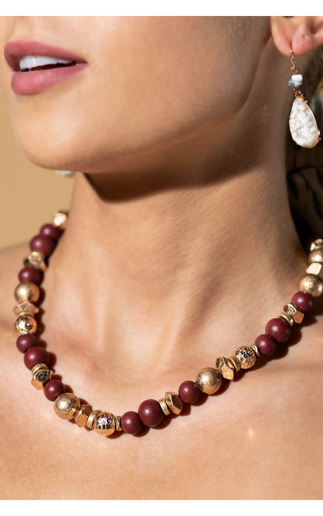 Burgundy and Gold Beaded Necklace