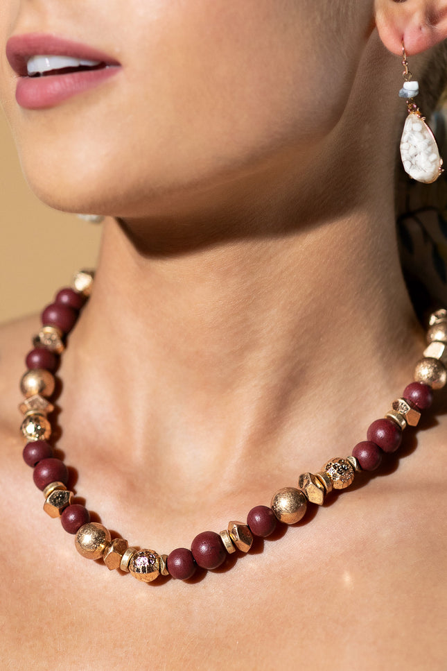 Burgundy and Gold Beaded Necklace