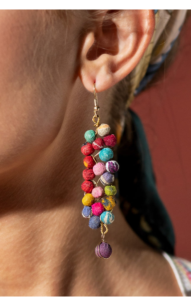 Cascading Multicolored Fabric Bead Earrings