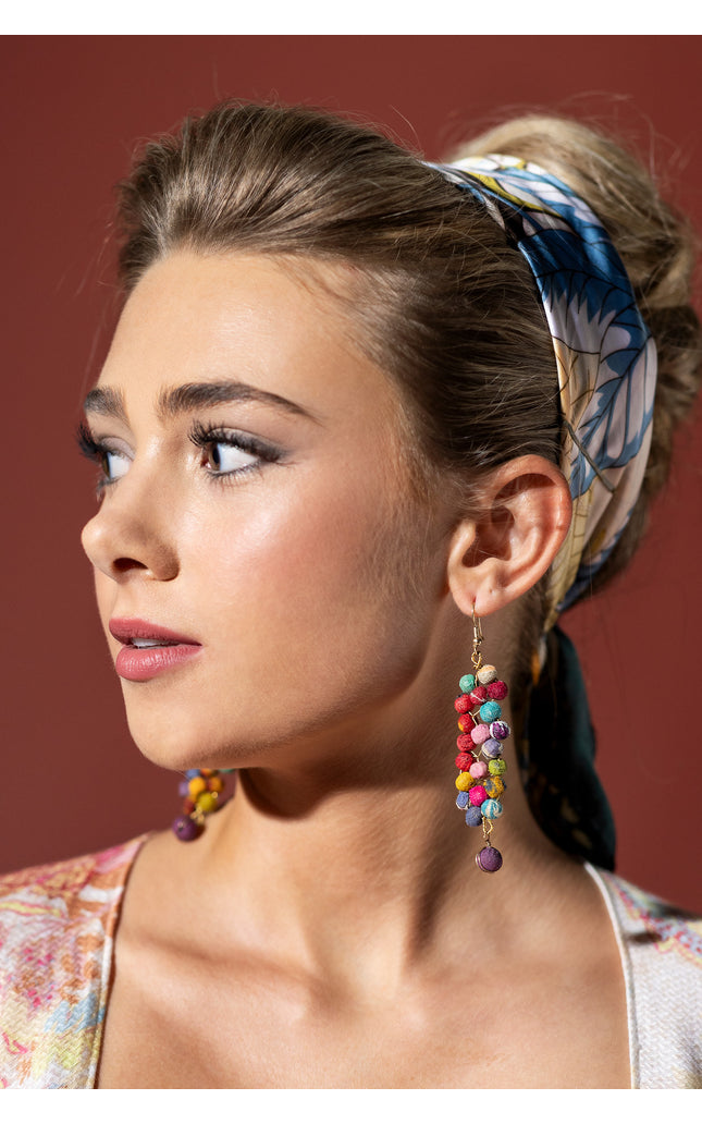 Cascading Multicolored Fabric Bead Earrings