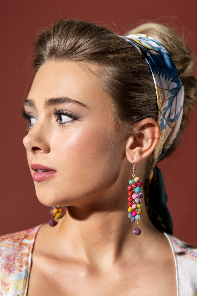 Cascading Multicolored Fabric Bead Earrings