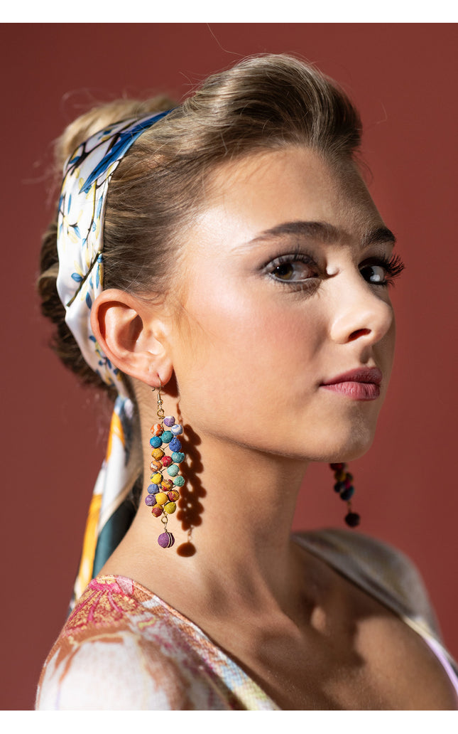 Cascading Multicolored Fabric Bead Earrings