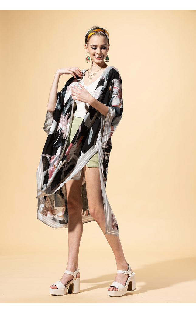Midnight Floral Border Kimono