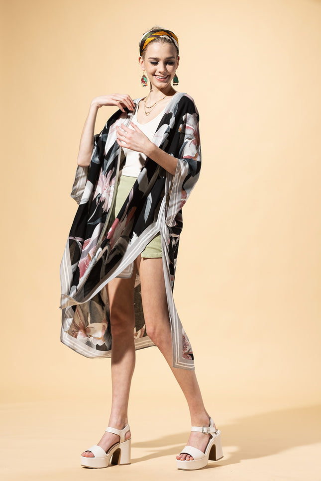 Midnight Floral Border Kimono