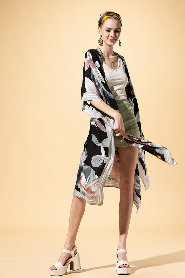Midnight Floral Border Kimono