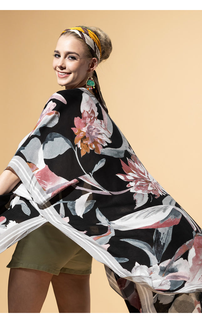 Midnight Floral Border Kimono