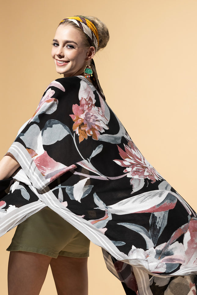 Midnight Floral Border Kimono