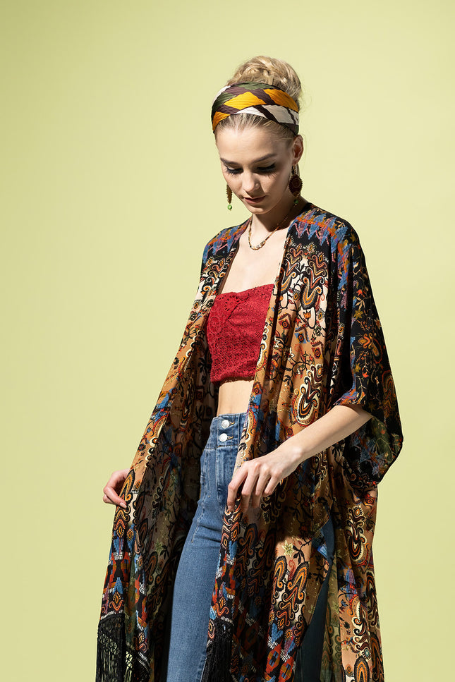 Sunset Fringe Tapestry Kimono