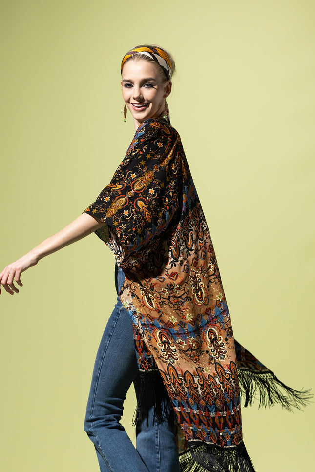 Sunset Fringe Tapestry Kimono