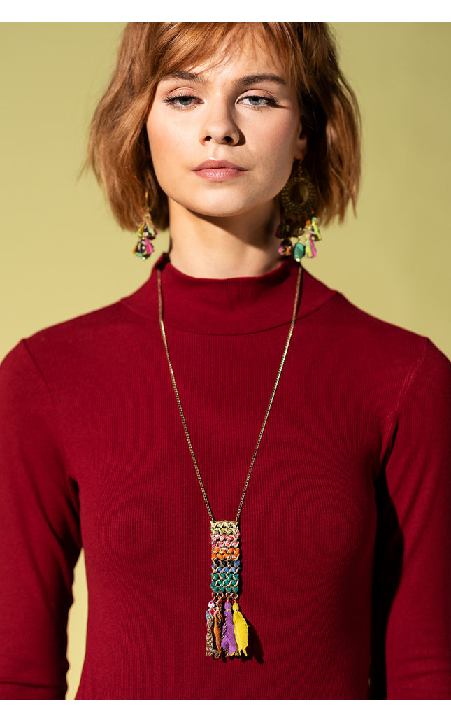 Rectangular Tassel Charm  Necklace