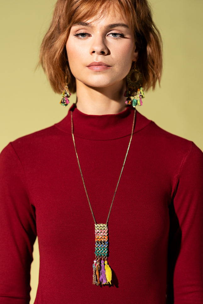 Rectangular Tassel Charm  Necklace