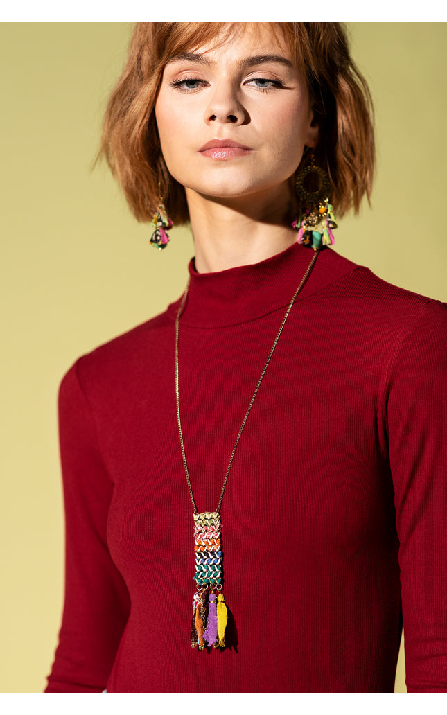 Rectangular Tassel Charm  Necklace