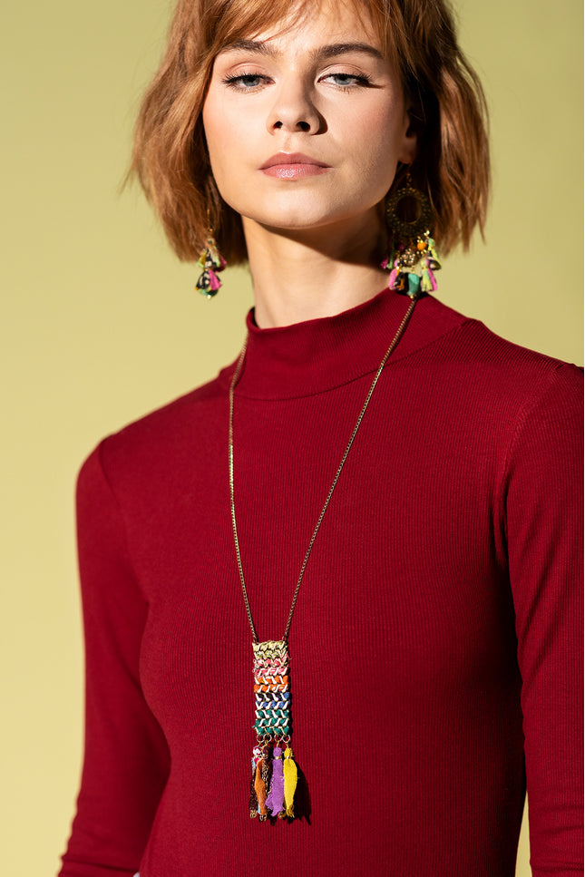Rectangular Tassel Charm  Necklace
