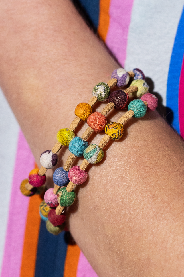 Leather & Sari Bead Bracelet