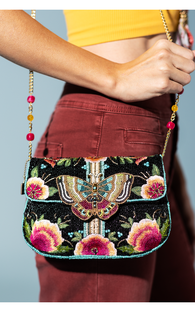 Dream Chaser, Black Beaded Crossbody Clutch Handbag