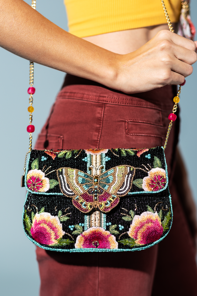 Dream Chaser, Black Beaded Crossbody Clutch Handbag