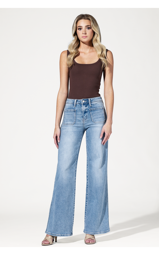 High Rise Patch Pocket Wide Leg Jeans