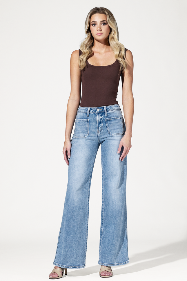 High Rise Patch Pocket Wide Leg Jeans