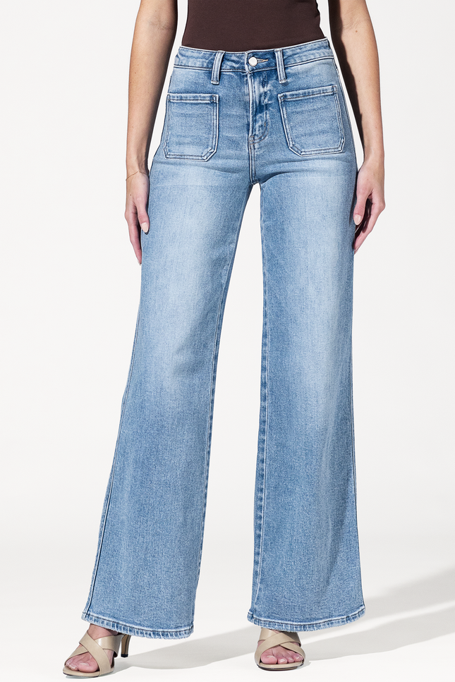 High Rise Patch Pocket Wide Leg Jeans