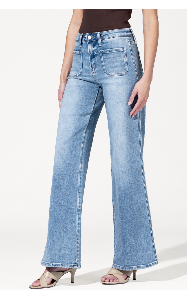 High Rise Patch Pocket Wide Leg Jeans
