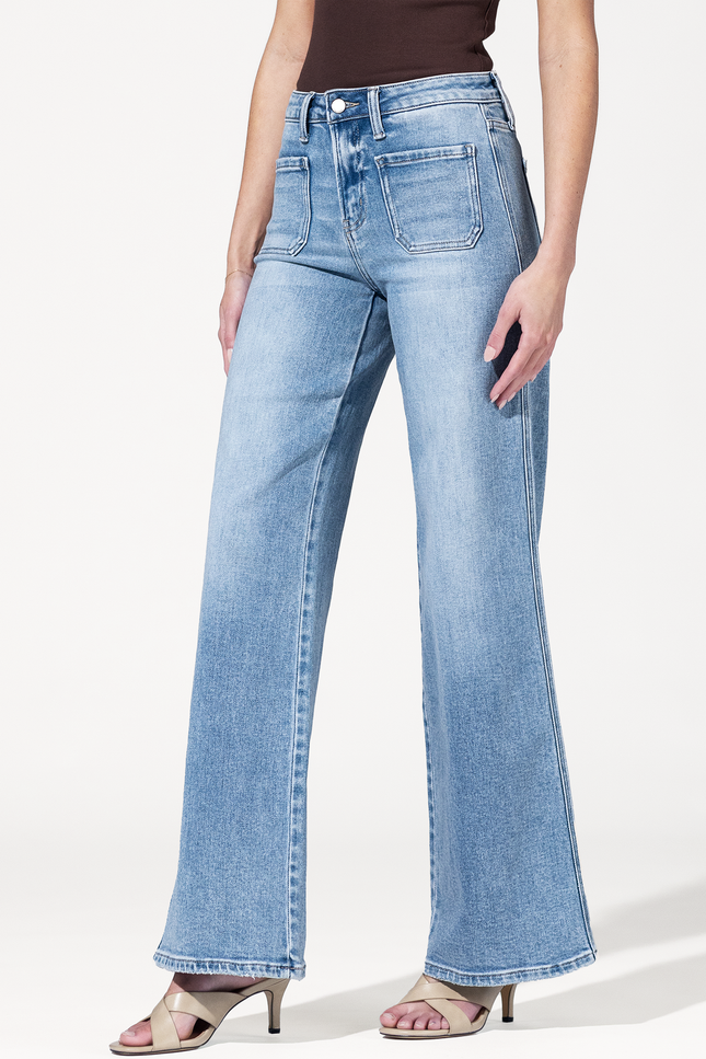High Rise Patch Pocket Wide Leg Jeans