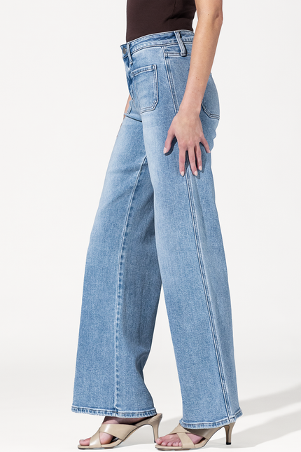 High Rise Patch Pocket Wide Leg Jeans