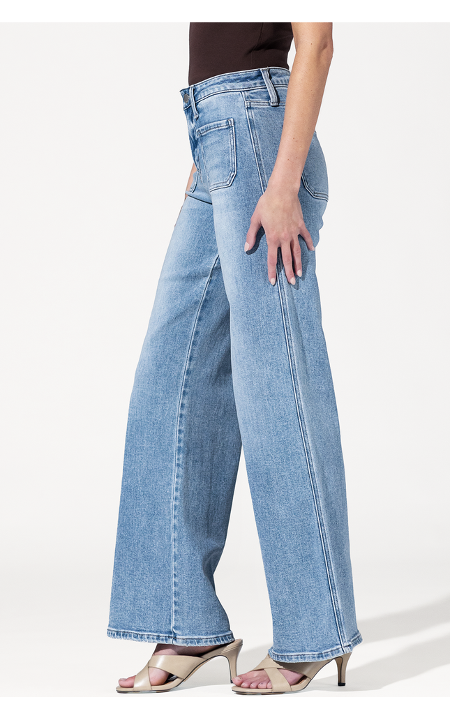 High Rise Patch Pocket Wide Leg Jeans