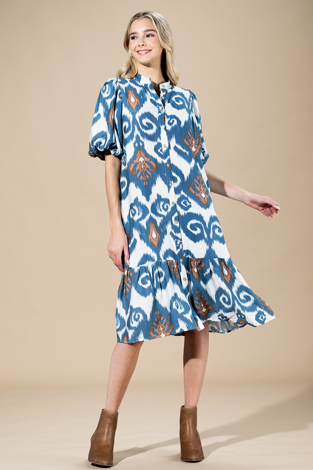 Indigo Mirage Button-Up Midi Dress