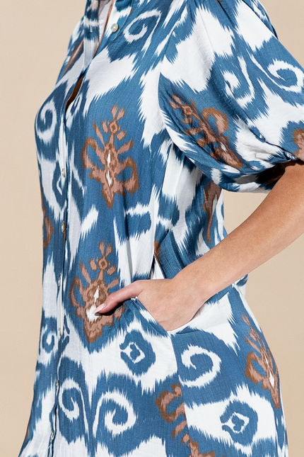 Indigo Mirage Button-Up Midi Dress