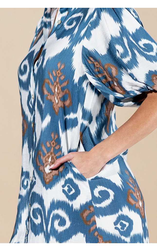 Indigo Mirage Button-Up Midi Dress