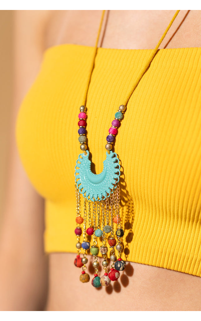 Turquoise Crescent Tassel Necklace