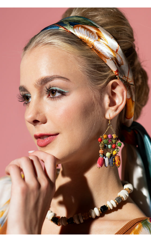 Multicolor Fabric Bead Chandelier Earrings