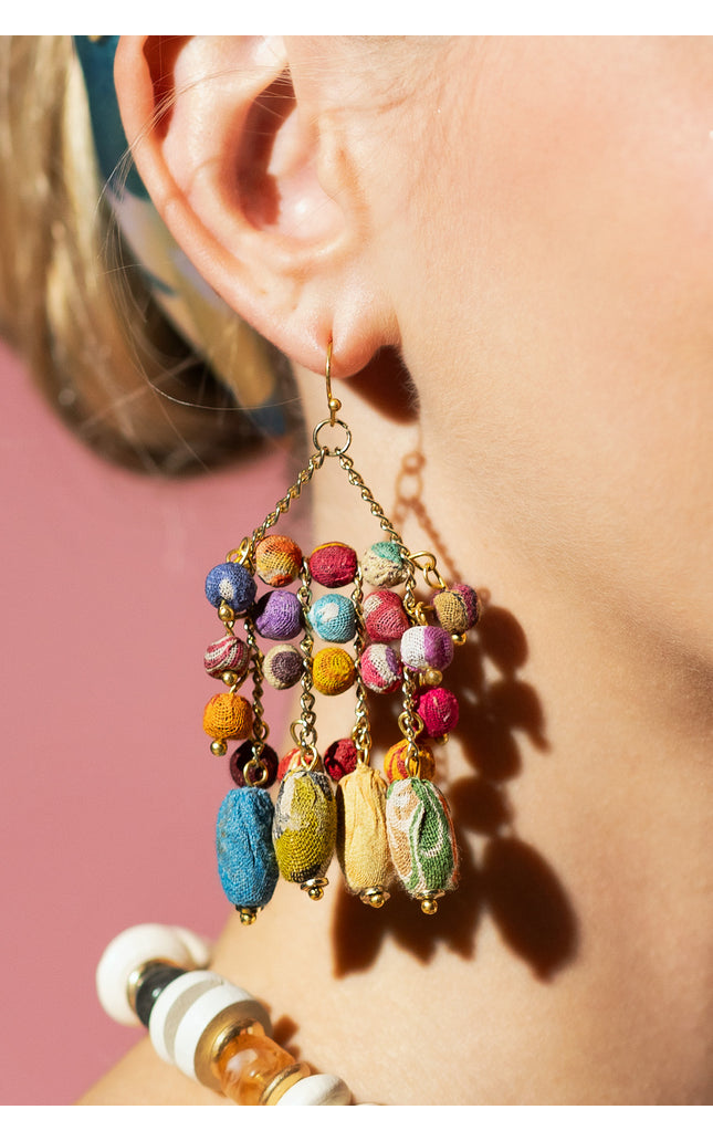 Multicolor Fabric Bead Chandelier Earrings