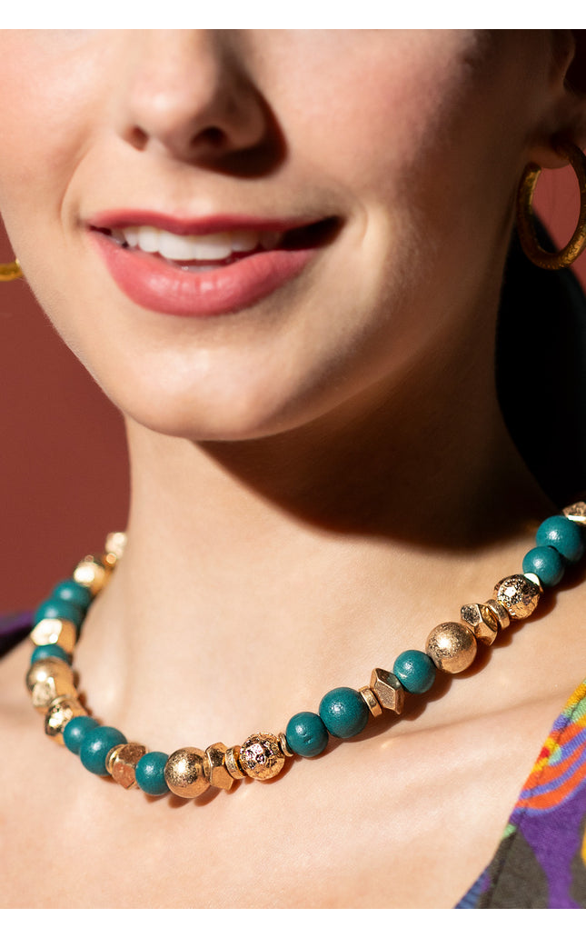 Teal Gold Beaded Necklace