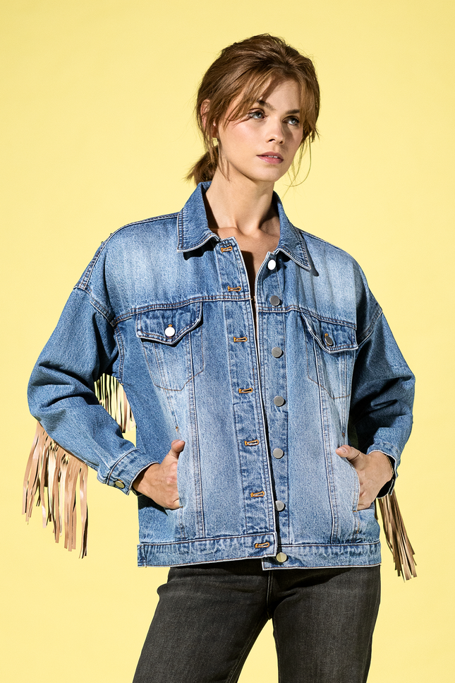 Embroidered Back Fringed Denim Jacket
