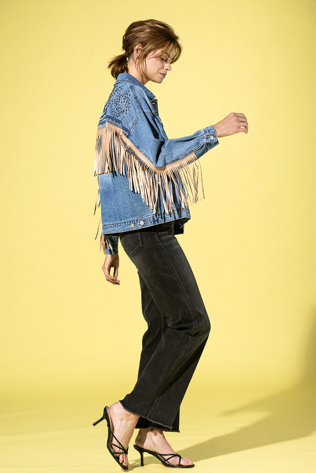 Embroidered Back Fringed Denim Jacket