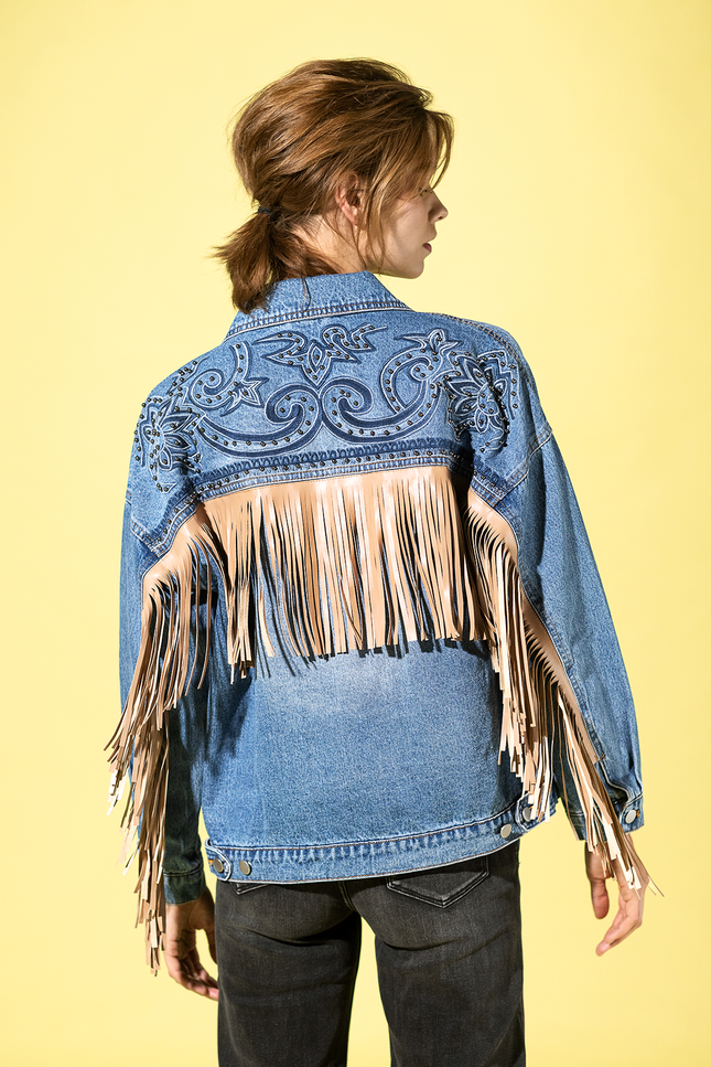 Embroidered Back Fringed Denim Jacket