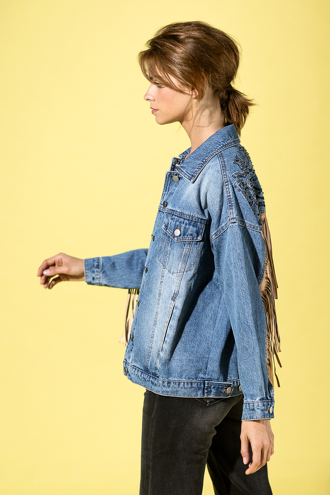 Embroidered Back Fringed Denim Jacket