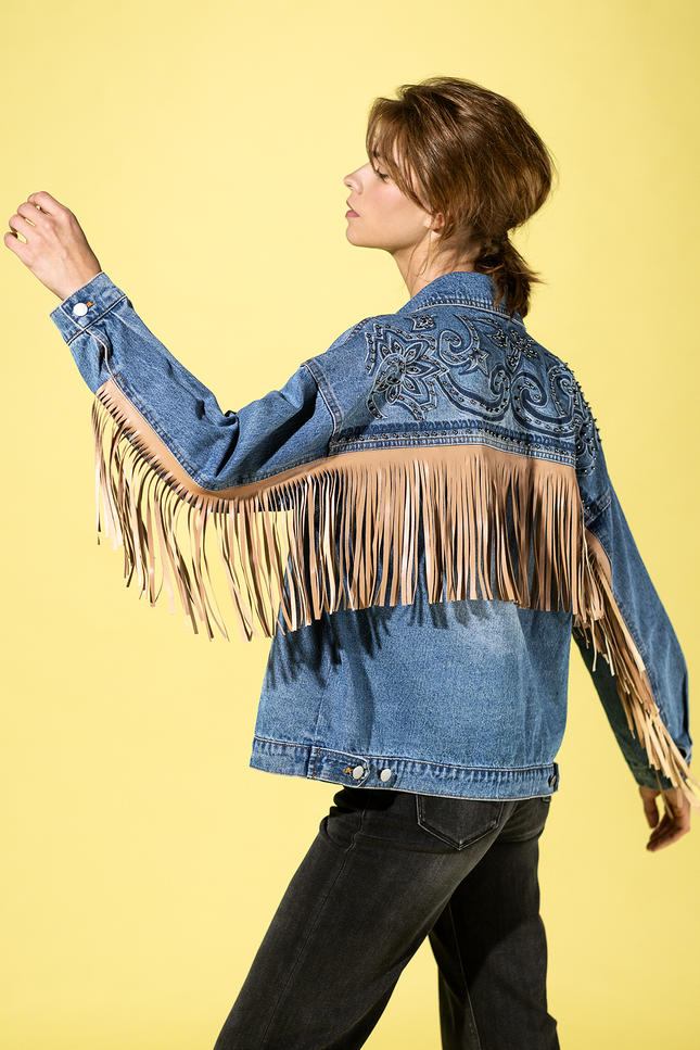 Embroidered Back Fringed Denim Jacket