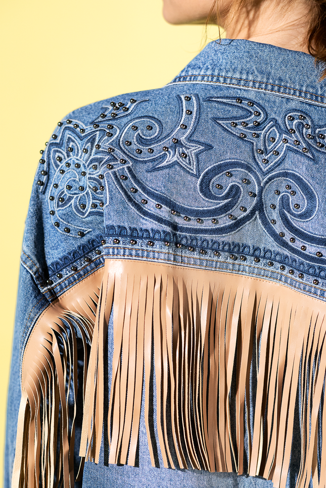 Embroidered Back Fringed Denim Jacket