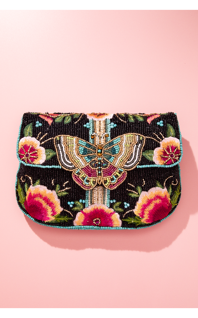 Dream Chaser, Black Beaded Crossbody Clutch Handbag