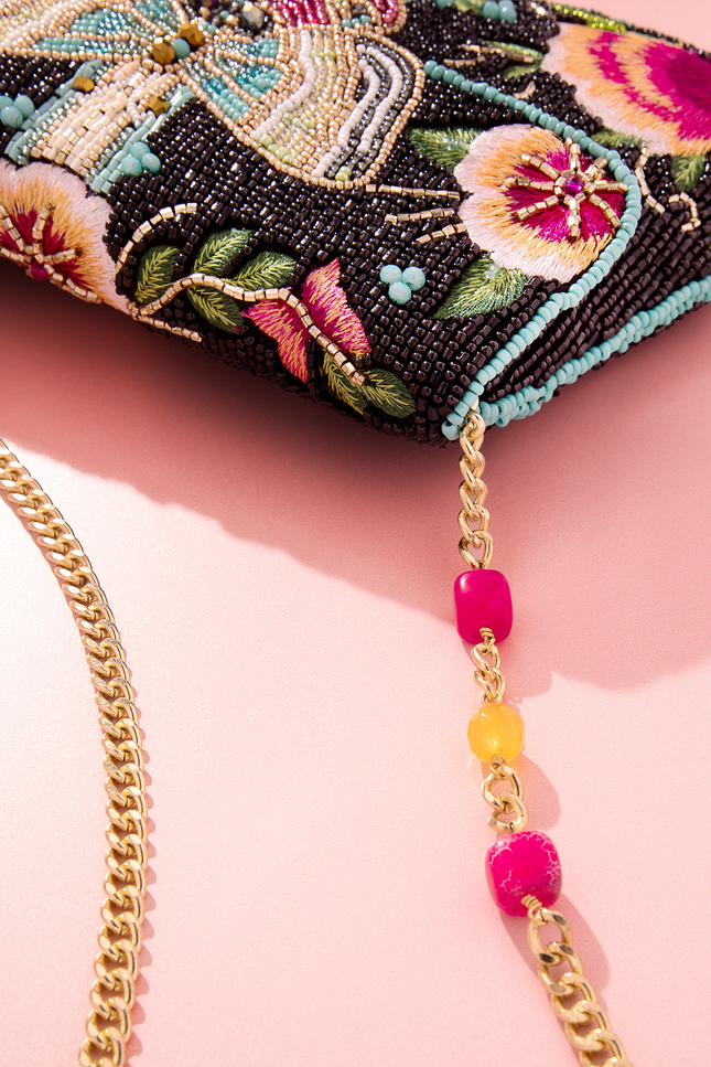 Dream Chaser, Black Beaded Crossbody Clutch Handbag