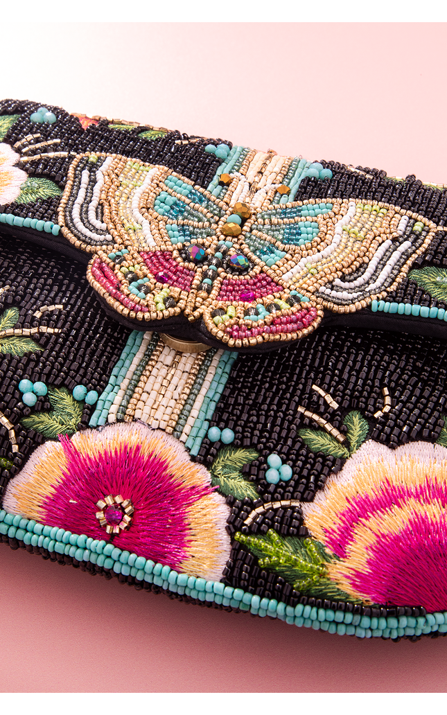 Dream Chaser, Black Beaded Crossbody Clutch Handbag
