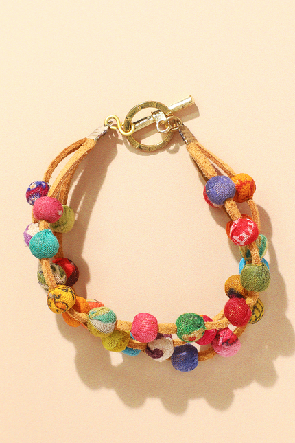 Leather & Sari Bead Bracelet