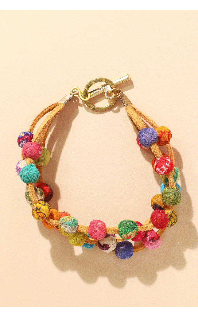 Leather & Sari Bead Bracelet